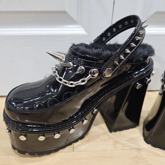 Dolls Kill Widow Black Silver Spiked Righteous Rebel Platform Mules Heels 8 9 - Picture 4 of 11